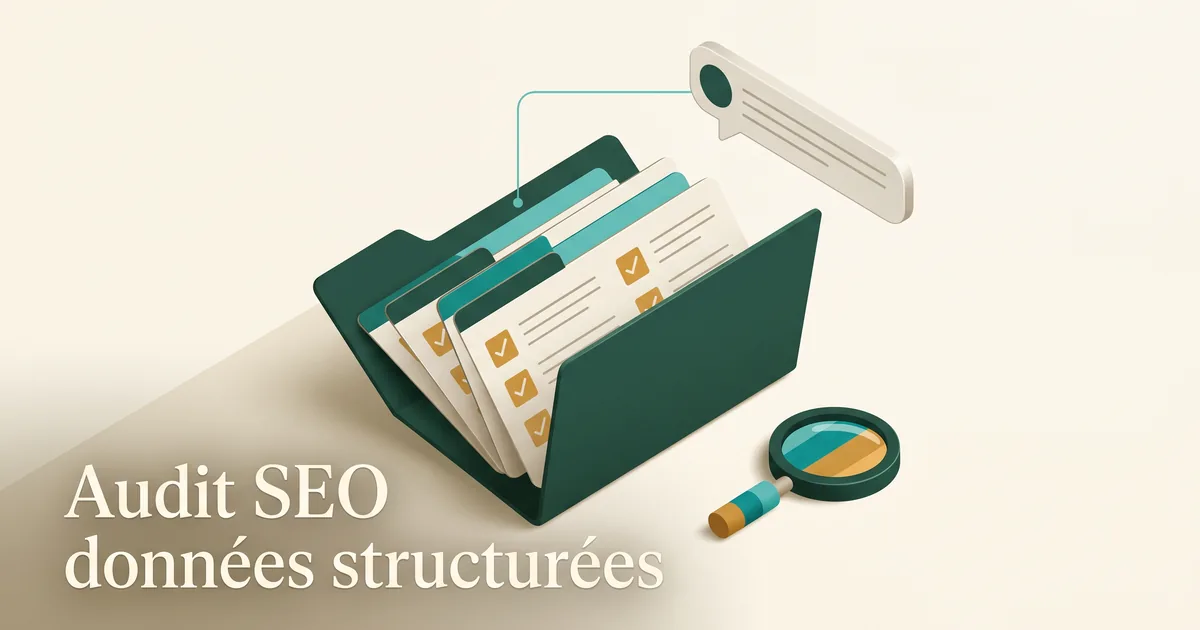 Dossier d'audit SEO isométrique relié à une loupe Google et à une réponse d'assistant IA.