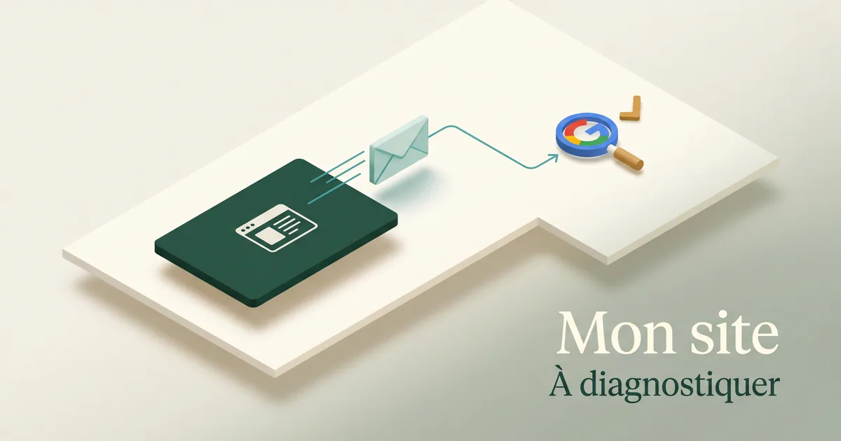 Envoi isométrique de l'URL d'un site d'élevage vers une loupe Google, sur fond ivoire.