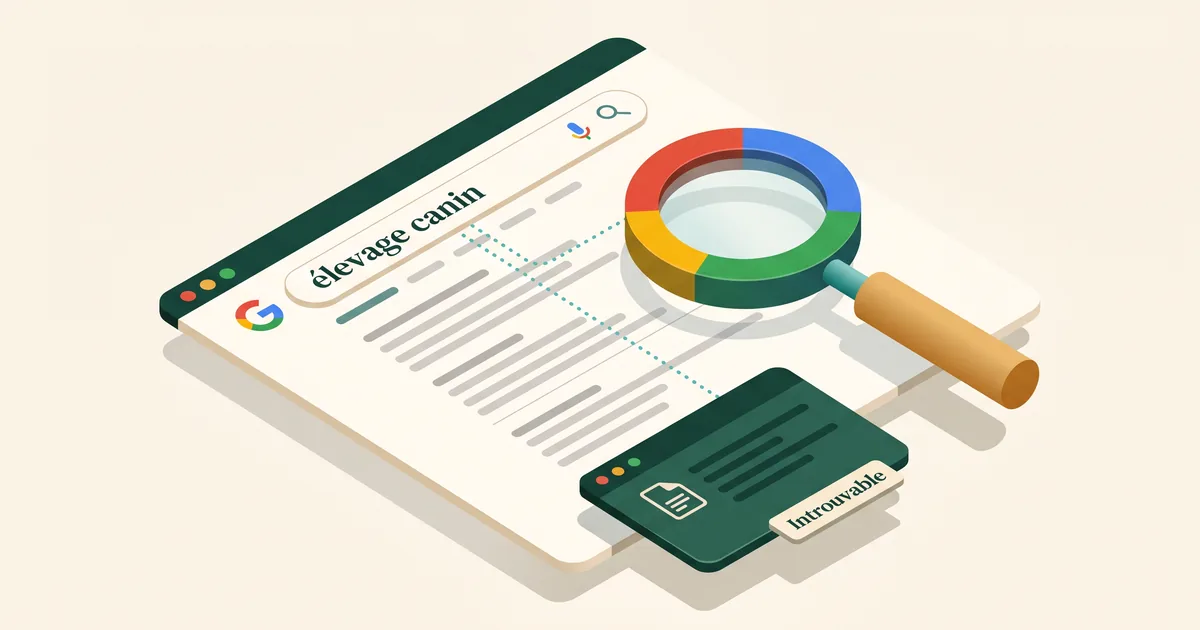 Vue isométrique : une loupe Google survole des résultats sans trouver le site d'élevage isolé.