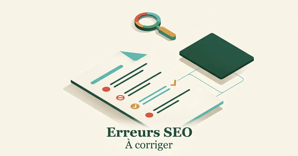 Dossier d'audit isométrique listant des erreurs SEO d'élevage et leurs corrections ocre.