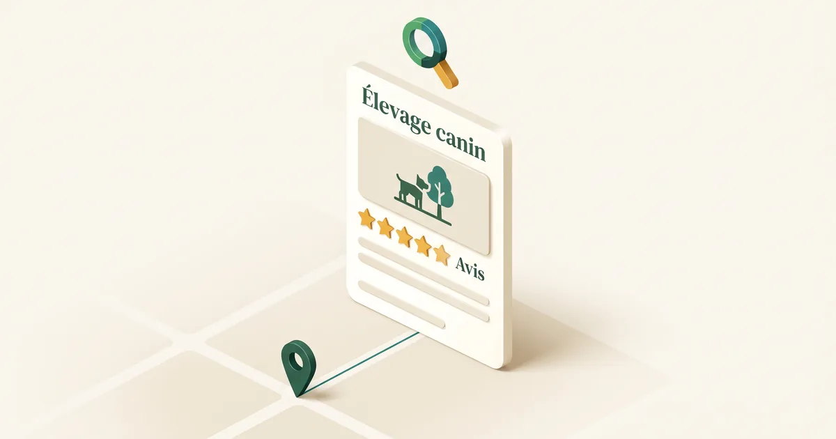 Fiche Google Business d'élevage en vue isométrique avec photos et avis, sur fond ivoire.
