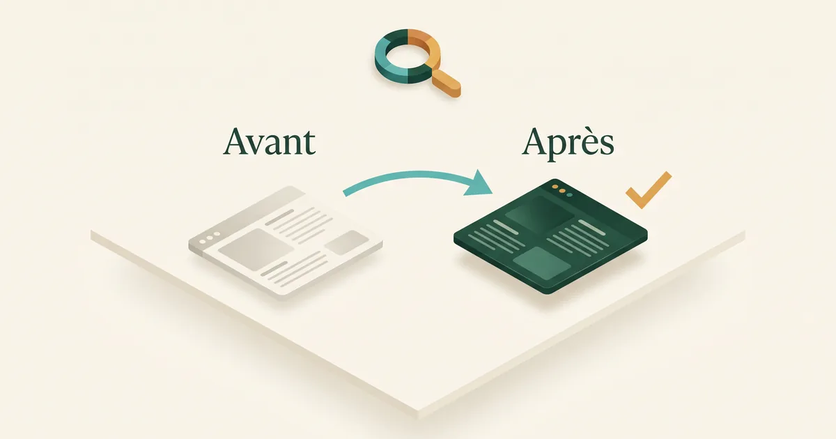 Cas SEO commentés en vue isométrique : symptôme, correction et résultat reliés sur fond ivoire.