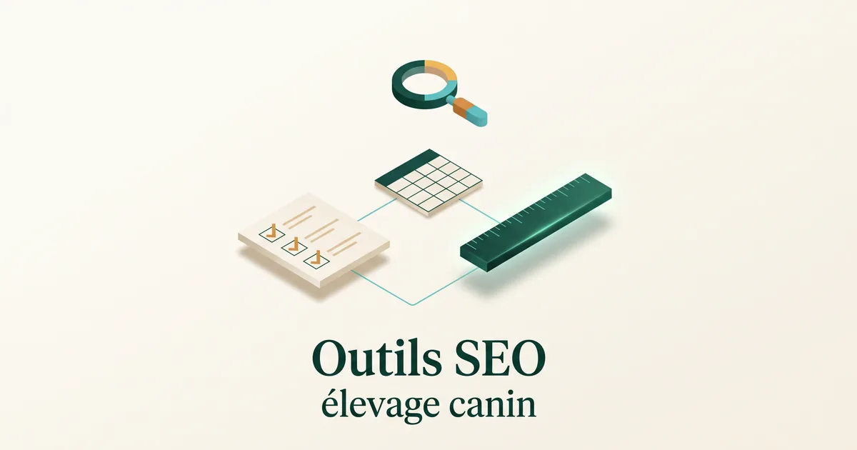 Boîte à outils SEO isométrique : checklist, matrice et grille posées sur un plan ivoire.