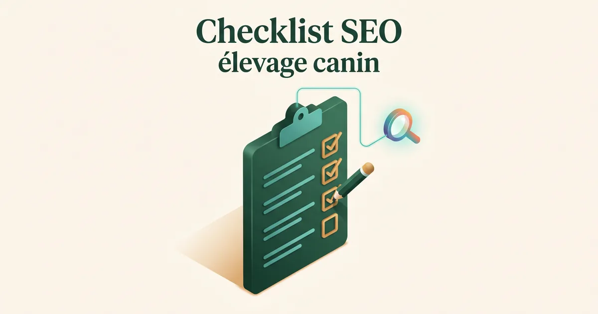 Checklist SEO isométrique d'un site d'élevage avec cases cochées, reliée à une loupe Google.
