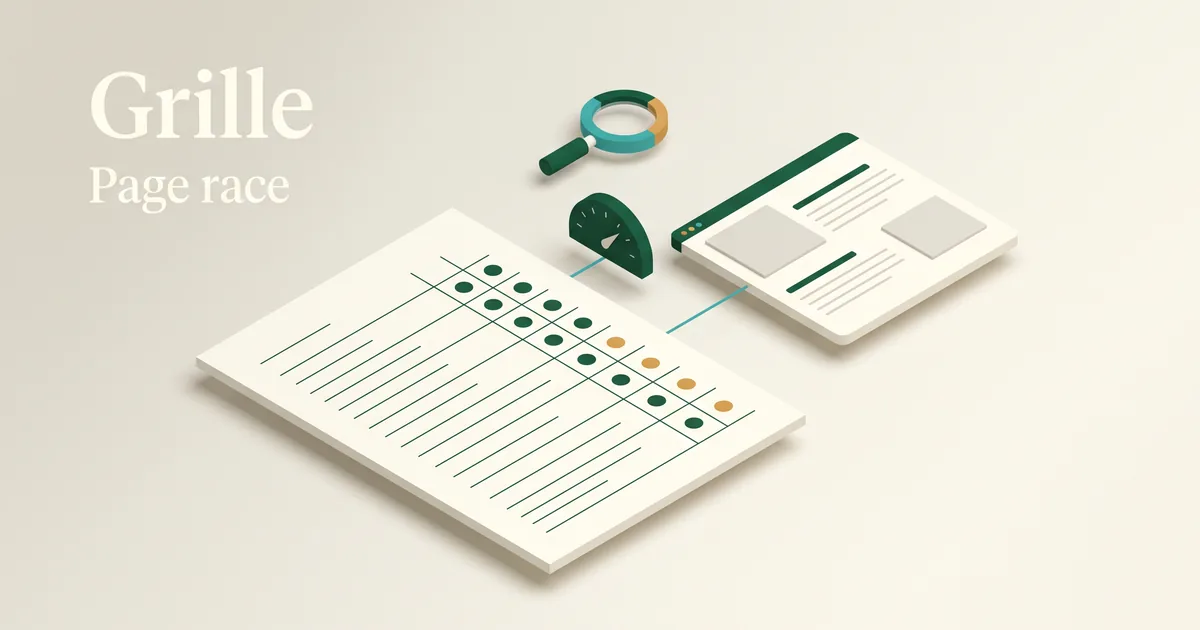 Grille d'évaluation isométrique d'une page race avec score et zones faibles, fond ivoire.