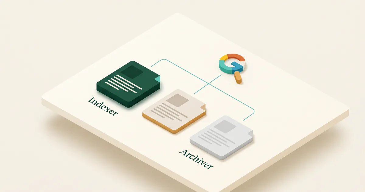 Dossier isométrique de pages portées triées entre index, archive et noindex, sur fond ivoire.