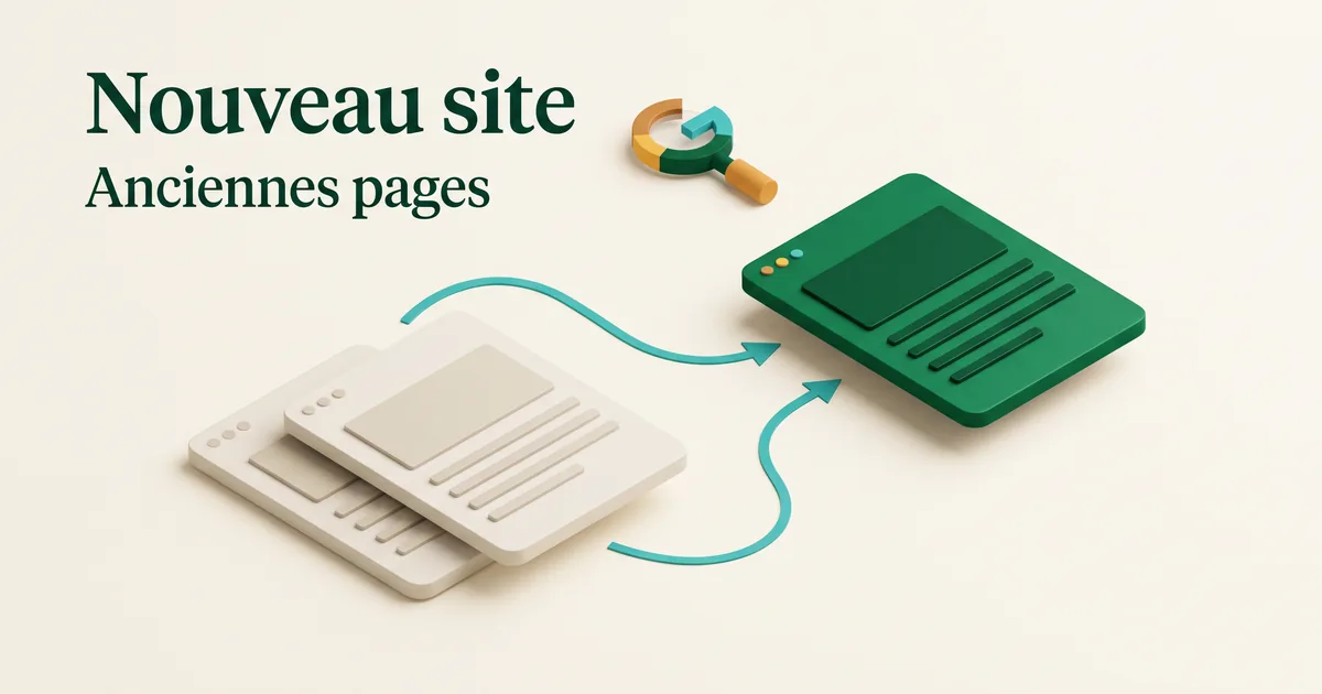 Refonte isométrique : anciennes pages redirigées vers de nouvelles, reliées à une loupe Google.
