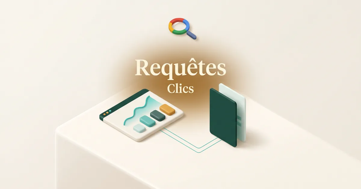 Tableau de bord isométrique de requêtes et pages d'un élevage, relié à une loupe Google.