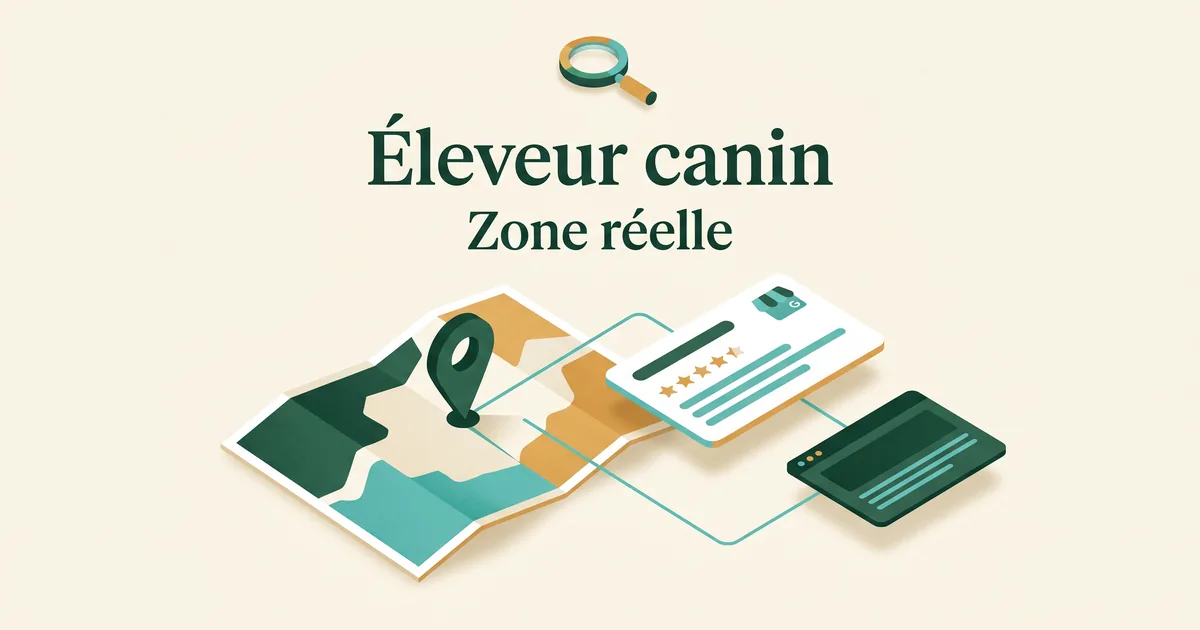 Carte locale isométrique reliée à une fiche Google et aux pages d'un éleveur, fond ivoire.