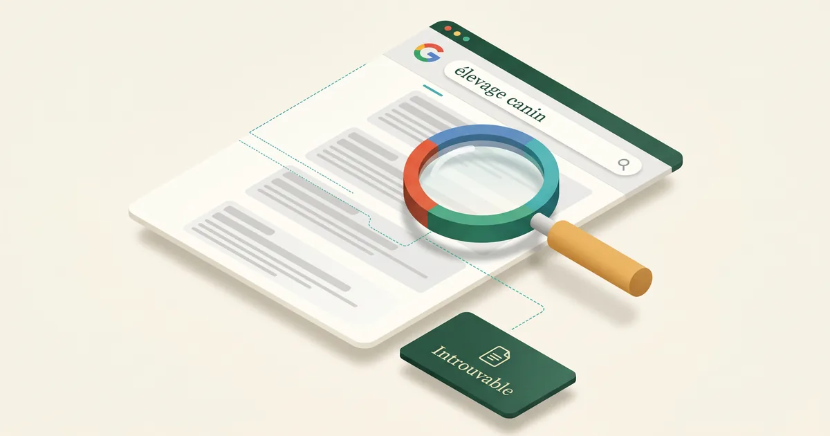 Vue isométrique : une loupe Google survole des résultats sans trouver le site d'élevage isolé.
