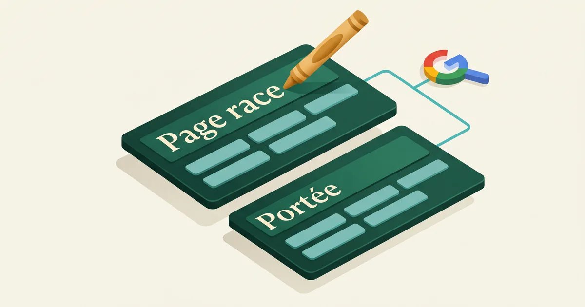 Balises de titre isométriques sur des pages race et portées, reliées à une loupe Google.